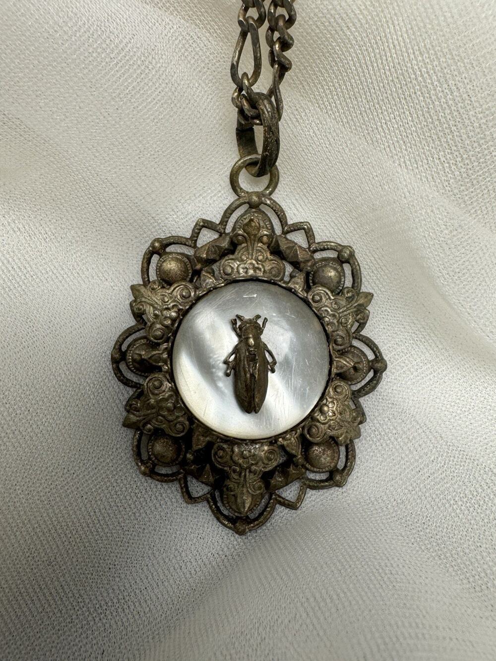 Antique c. 1820–1845 Mother-of-Pearl Cicada Necklace, Open Metalwork Hand Made